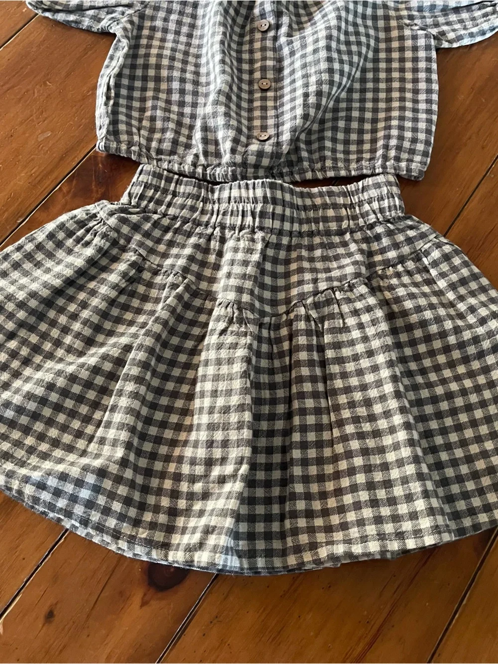 Rylee + Cru Green and White Gingham Top with matching skirt.